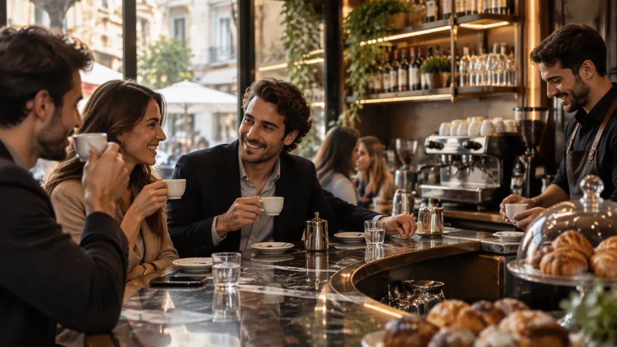 Clienti sorridenti bevono caffè al bancone, con barista, macchina espresso e cornetti in esposizione.