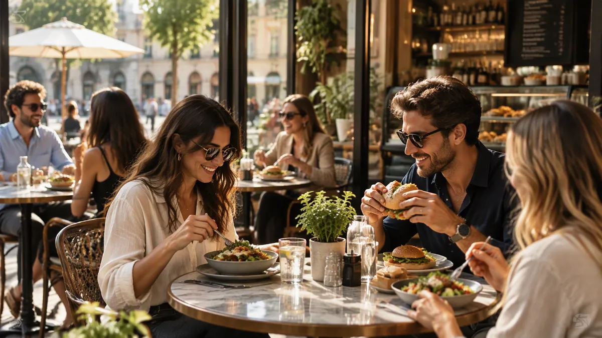 Clienti seduti ai tavoli di un bar mangiano insalate e hamburger in un ambiente luminoso.