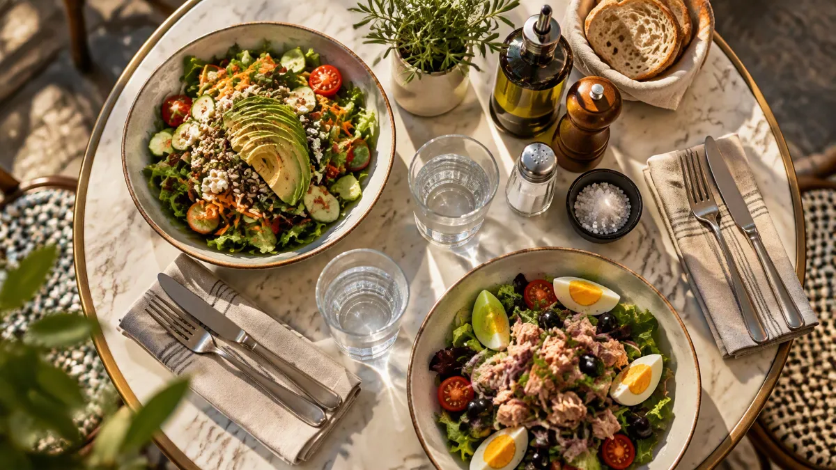 Due insalate con avocado, tonno e uova su tavolo apparecchiato con pane, acqua e condimenti.