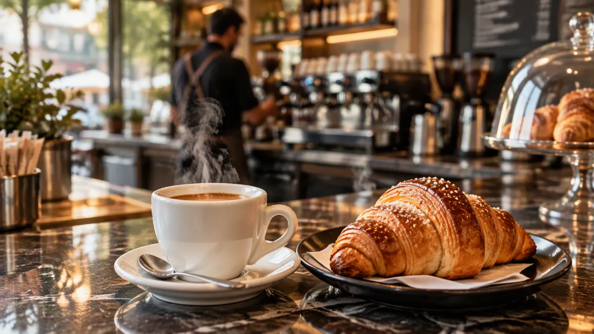 Tazza di caffè fumante e cornetto sul bancone, con barista e macchina del caffè sullo sfondo.