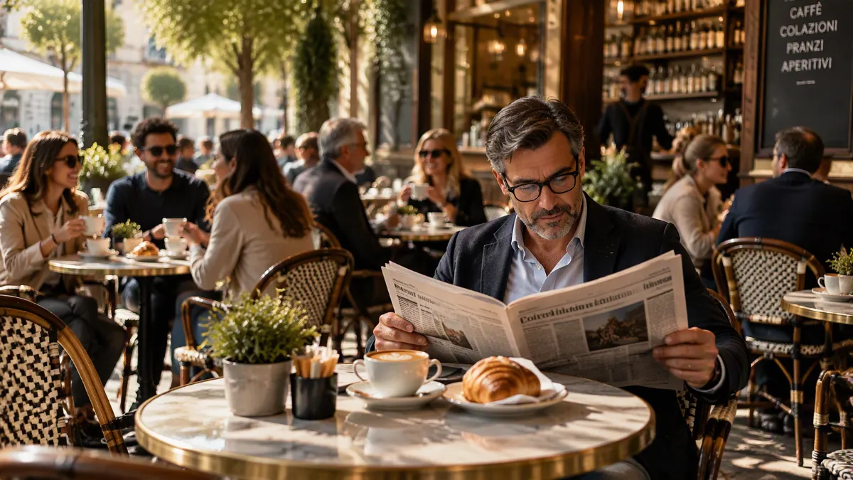 Uomo legge il giornale al tavolino del bar con cappuccino e cornetto, tra altri clienti.